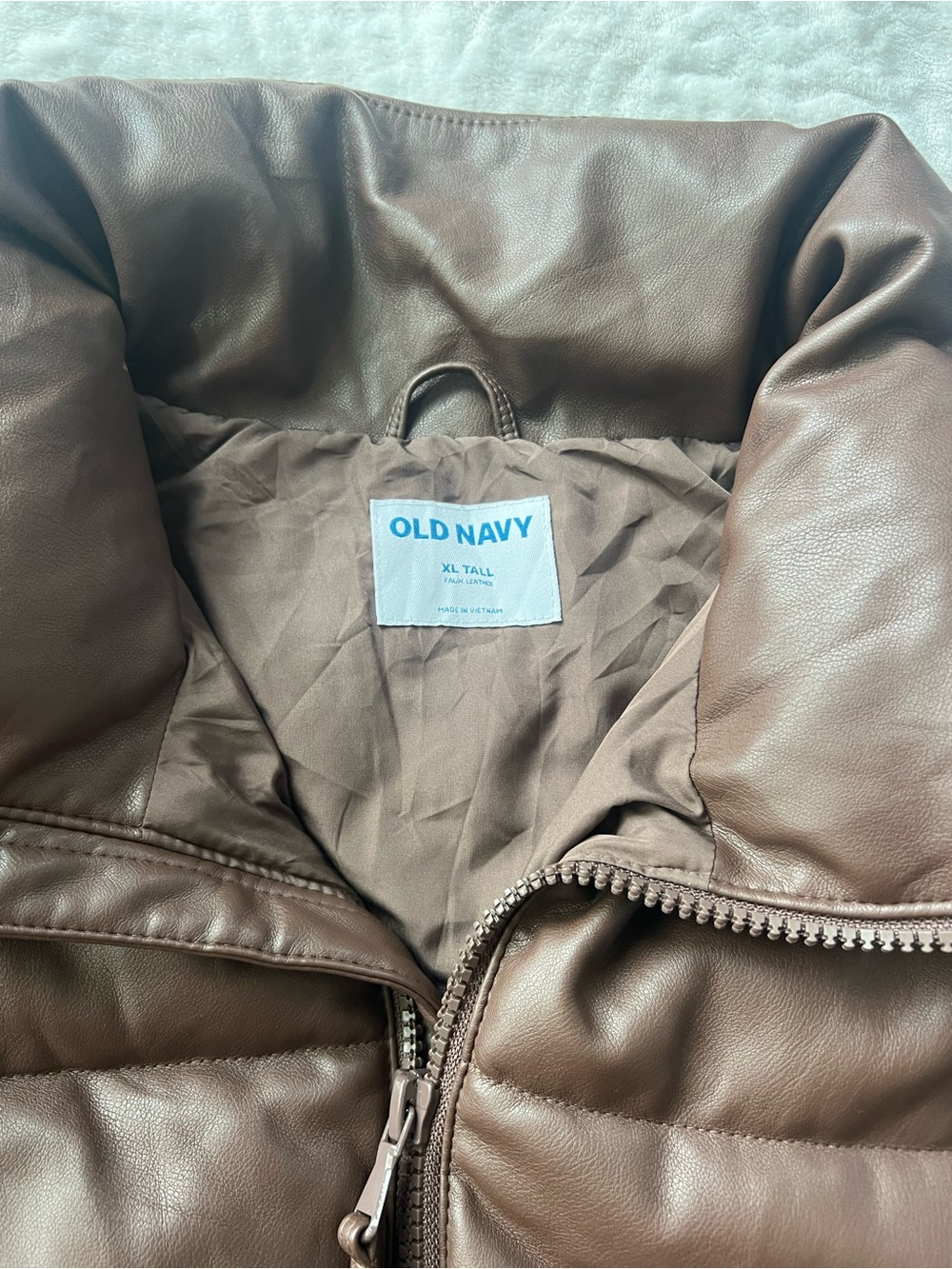 Old Navy Mock Neck Faux Leather Puffer Brown Jacket | Size XL Tall - Picture 4 of 9